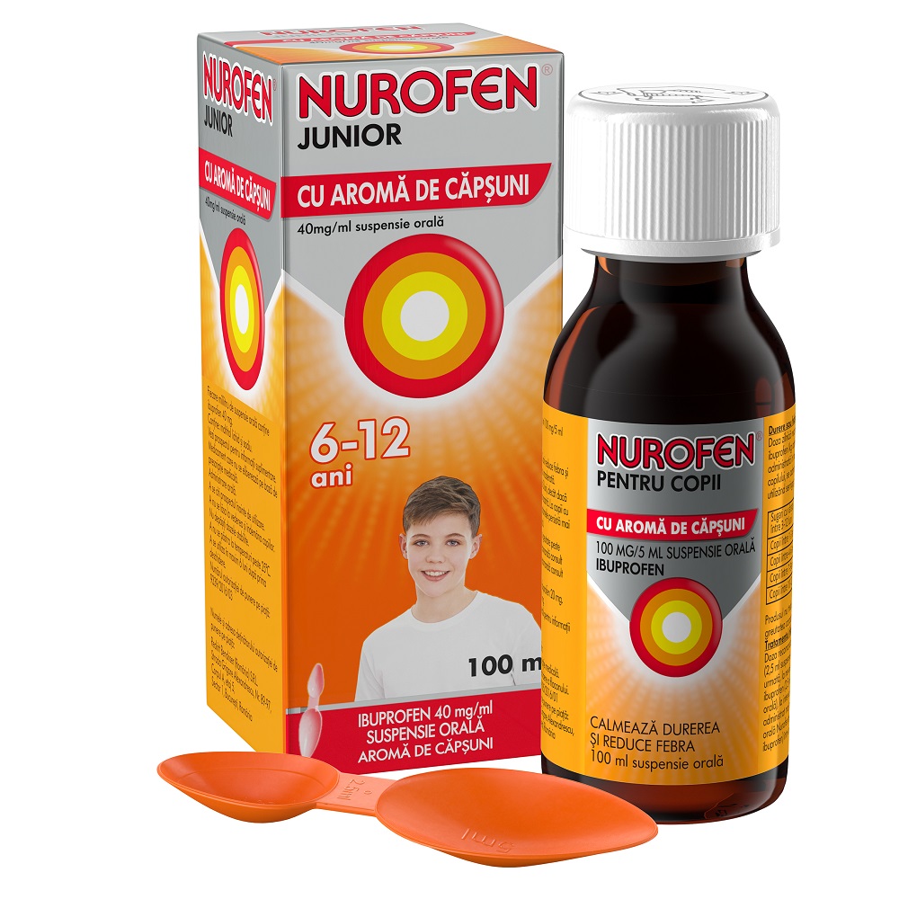 Nurofen Junior sirop cu aroma de capsuni, 6-12 ani, 40mg/ml, 100 ml, Reckitt Benckiser