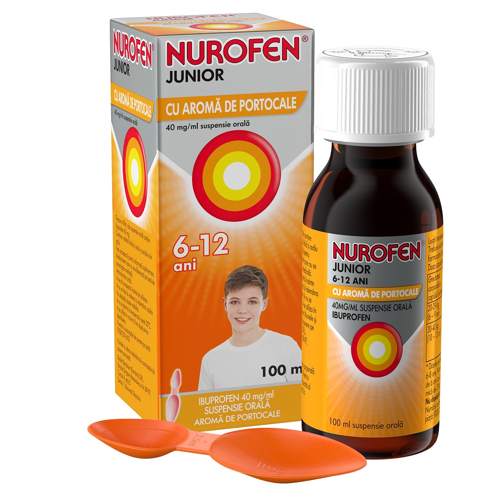 Nurofen Junior cu aroma de portocale, 6-12 ani, 40 mg/ml, 100 ml, Reckitt Benckiser