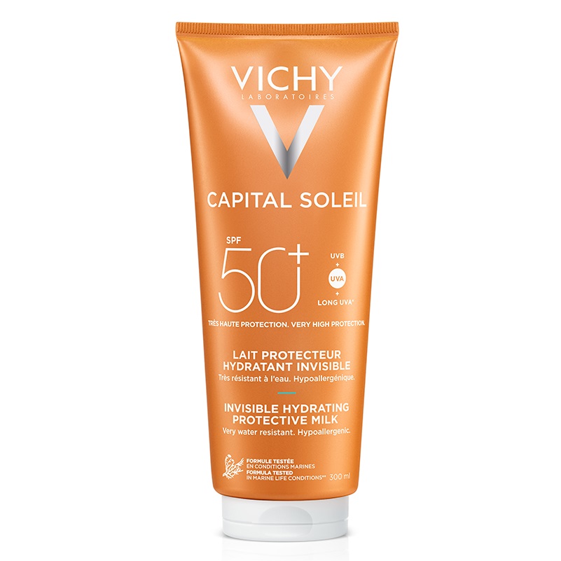 Lapte hidratant de protectie solara SPF 50+ pentru fara si corp Capital Soleil, 300 ml, Vichy 550145