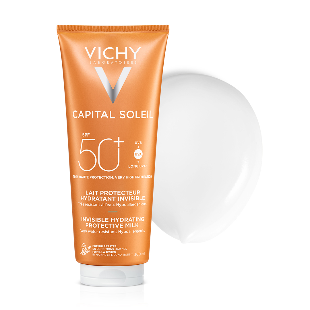 Lapte hidratant de protectie solara SPF 50+ pentru fara si corp Capital Soleil, 300 ml, Vichy 550147