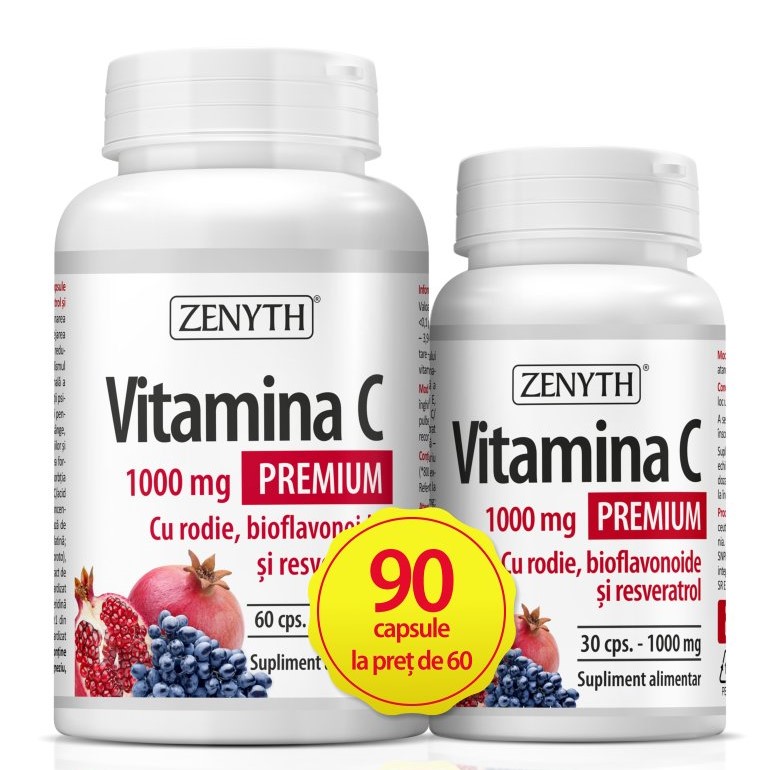 Vitamina C Premium cu rodie, bioflavonoide si resveratrol 1000 mg, 60+30 capsule, Zenyth