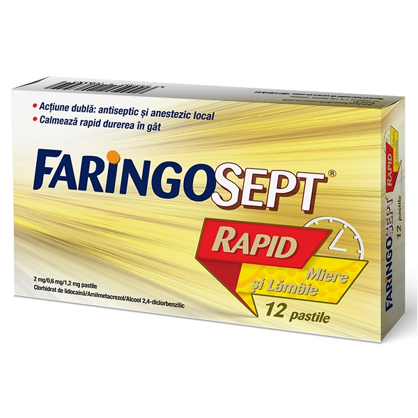 Faringosept Rapid cu aroma de miere si lamaie, 2 mg/0,6 mg/1,2 mg, 12 pastile, Terapia