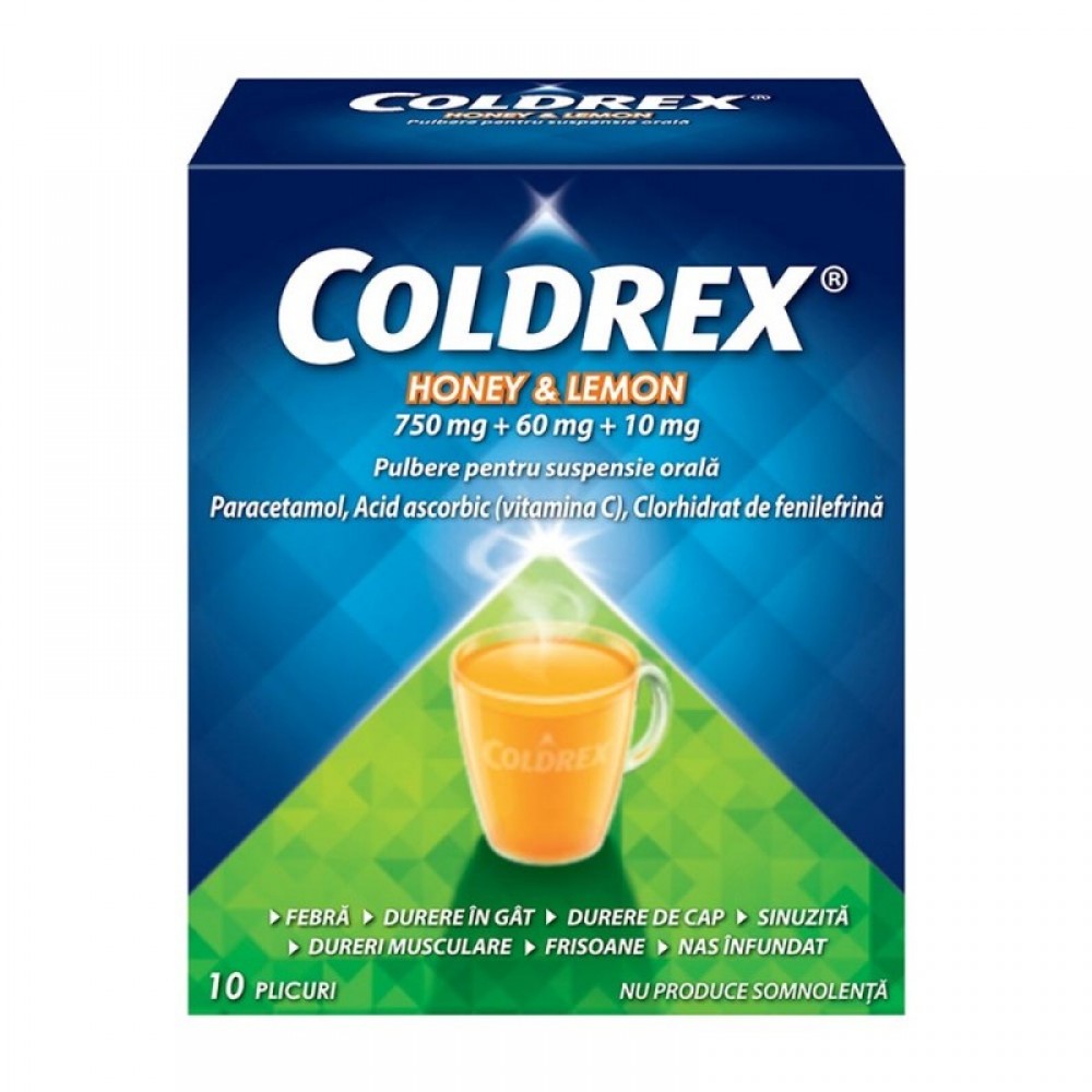 Coldrex Honey & Lemon, 750 mg+60 mg+10 mg pulbere pentru suspensie orală, 10 plicuri, Perrigo