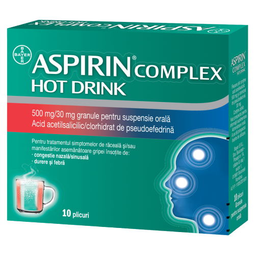 Aspirin Complex Hot Drink, 500mg/30mg, 10 plicuri, Bayer