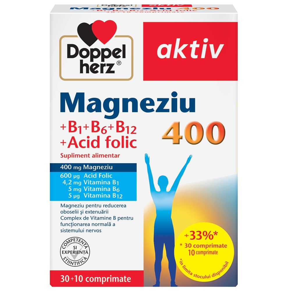 Magnesium 400 + Acid folic + Vitamina B1+B6+B12, 30 + 10 comprimate, Doppelherz