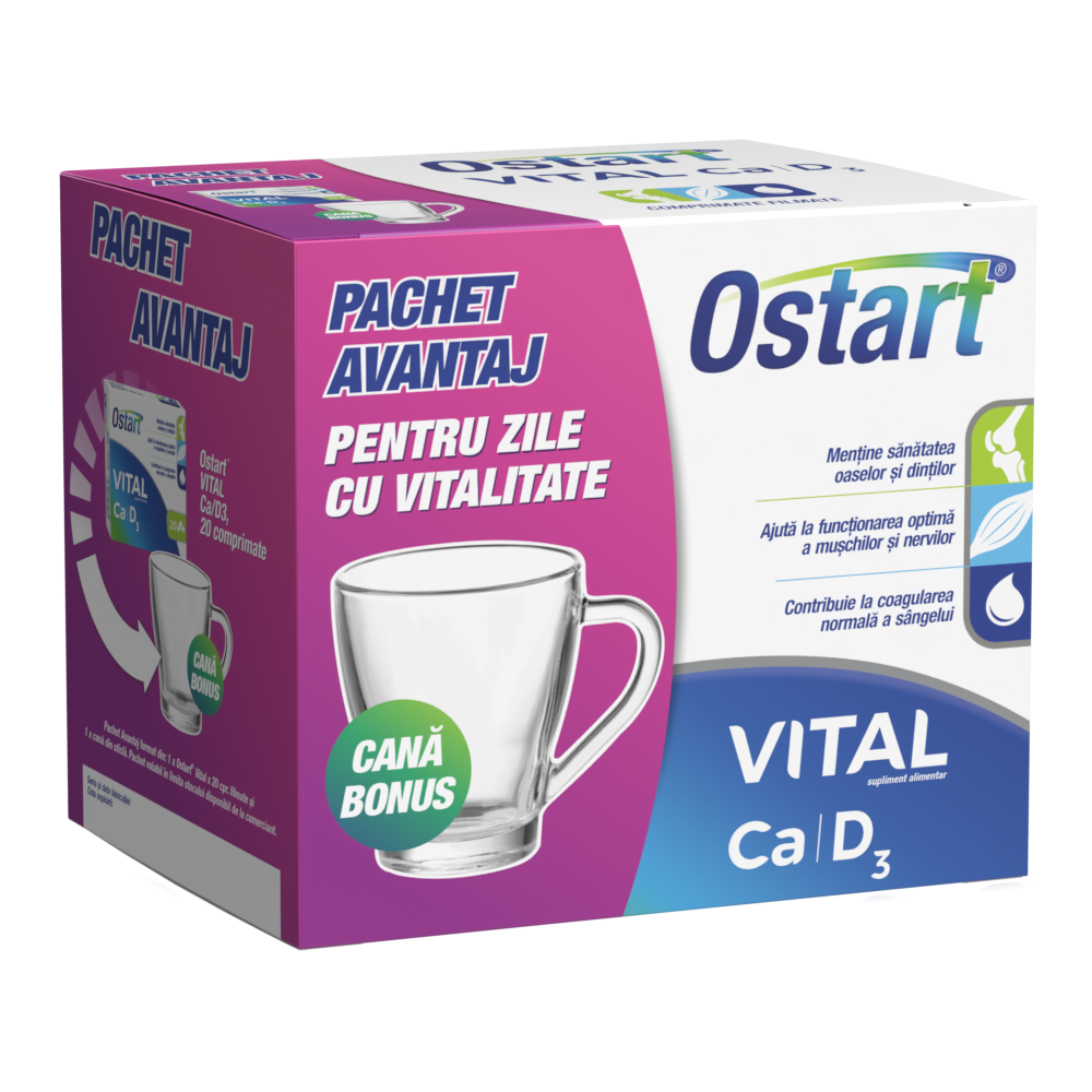 Pachet Ostart Vital Ca + D3, 20 comprimate + cana, Fiterman