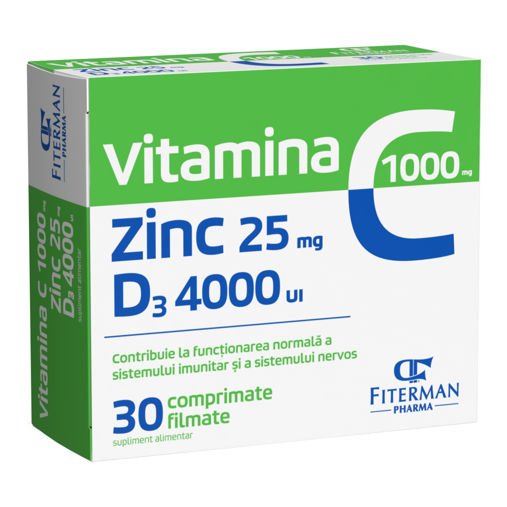 Vitamina C 1000 mg + Zn 25 mg + D3 4000UI, 30 comprimate filmate, Fiterman
