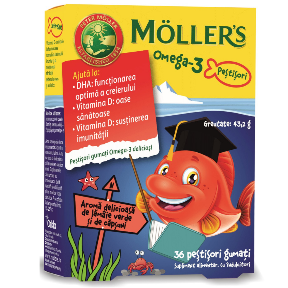 Pestisori gumati cu Omega-3 aroma de lamaie verde si capsuni, 36 jeleuri, Moller's
