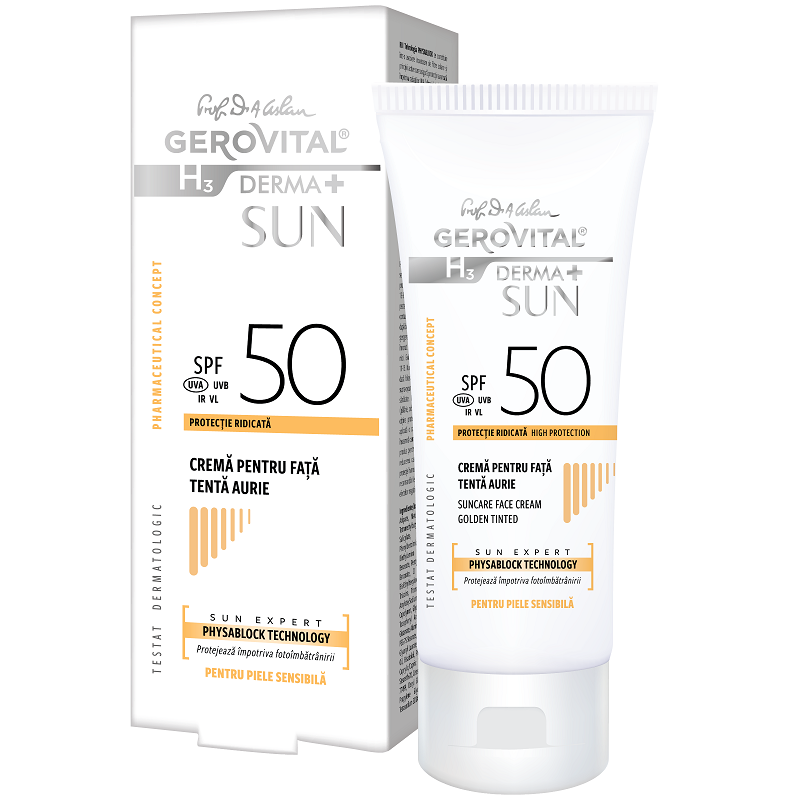 Crema pentru fata SPF 50 tenta aurie H3 Derma+ Sun, 50 ml, Gerovital