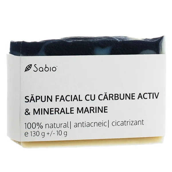 Sapun facial natural cu carbune activ si minerale marine, 130 g, Sabio