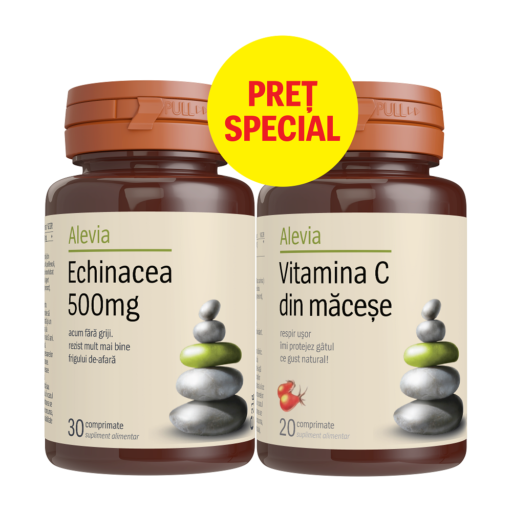 Echinacea 500 mg, 30 comprimate + Vitamina C din macese 200 mg, 20 comprimate, Alevia