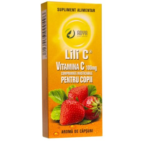 Vitamina C 100 mg cu aroma de capsuni pentru copii, 30 comprimate, Adya