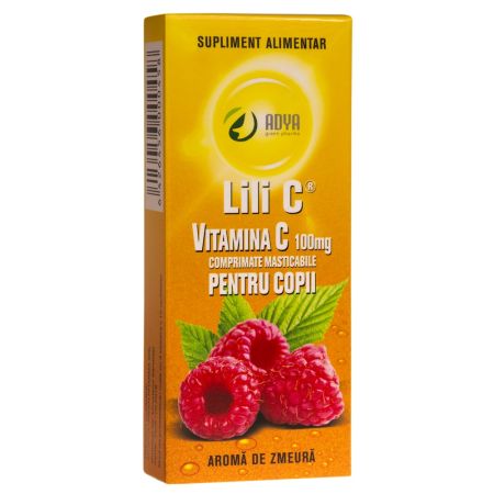 Vitamina C 100 mg cu aroma de zmeura pentru copii, 30 comprimate, Adya