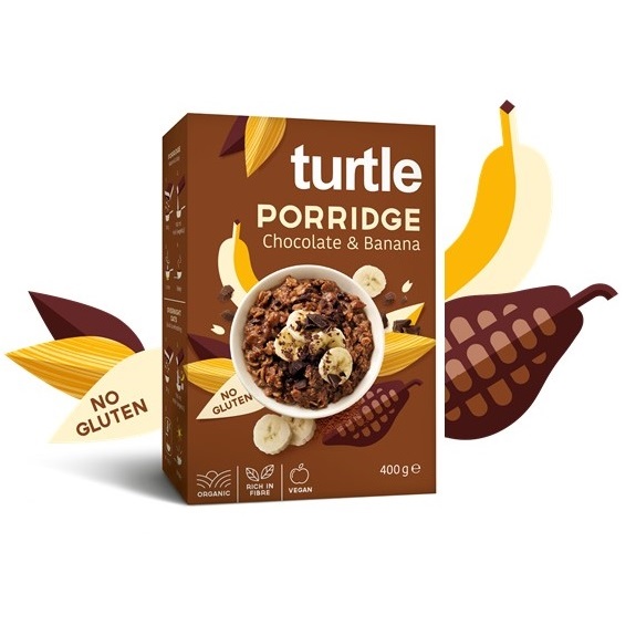 Cereale porridge organic fara gluten cu ciococolata si banane, 400 g, Turtle