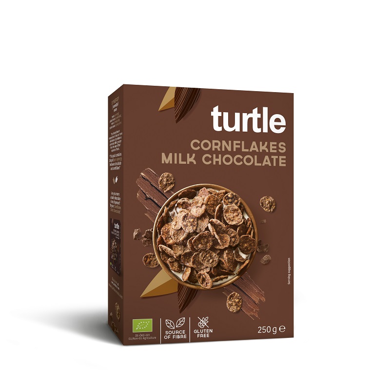 Fulgi de porumb Bio inveliti in ciocolata cu lapte, 250 g, Turtle