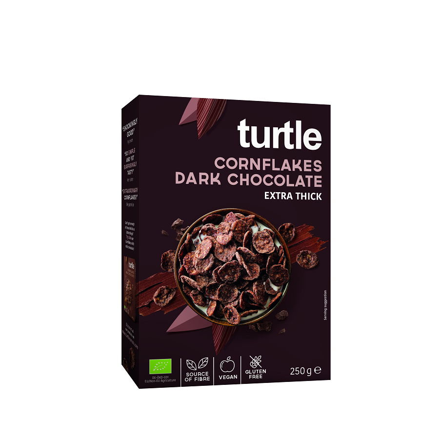 Fulgi de porumb Bio inveliti in ciocolata neagra, 250 g, Turtle