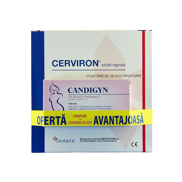 Pachet Solutie vaginala cu Lavanda - Cerviron, 3 x 140 ml + Candigyn, 10 ovule, Innate