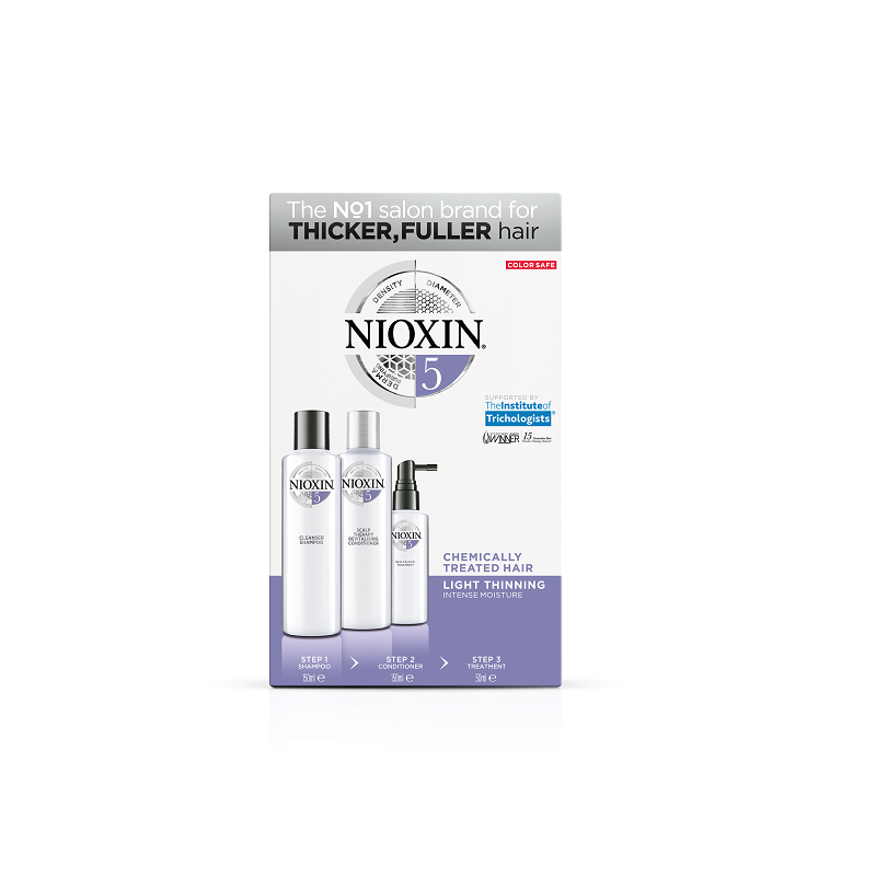 Kit complet anticadere normala a parului tratat chimic, Sampon 150 ml + Balsam 150 ml + Tratament 50 ml, System 5, Nioxin