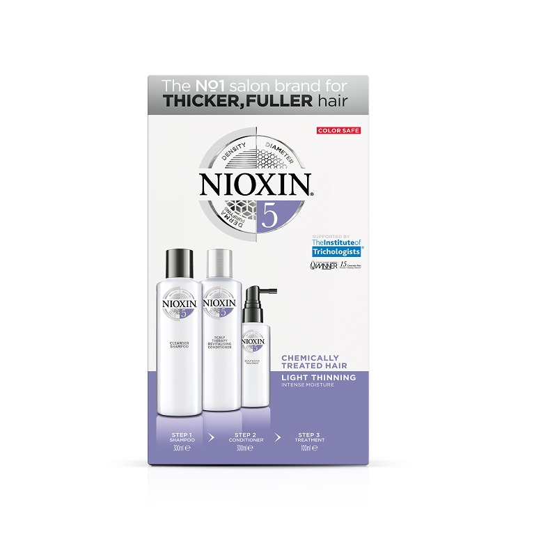 Kit complet anticadere normala a parului tratat chimic, Sampon 300 ml + Balsam 300 ml + Tratament 100 ml, System 5, Nioxin 