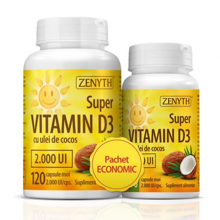 Pachet Super Vitamina D3 cu ulei de cocos 2000UI, 120 + 30 capsule - Zenyth