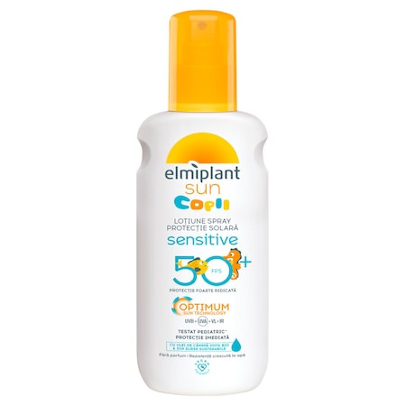 Lotiune spray pentru copii cu protectie solara ridicata Sensitive SPF 50 Optimum Sun, 200 ml, Elmiplant 