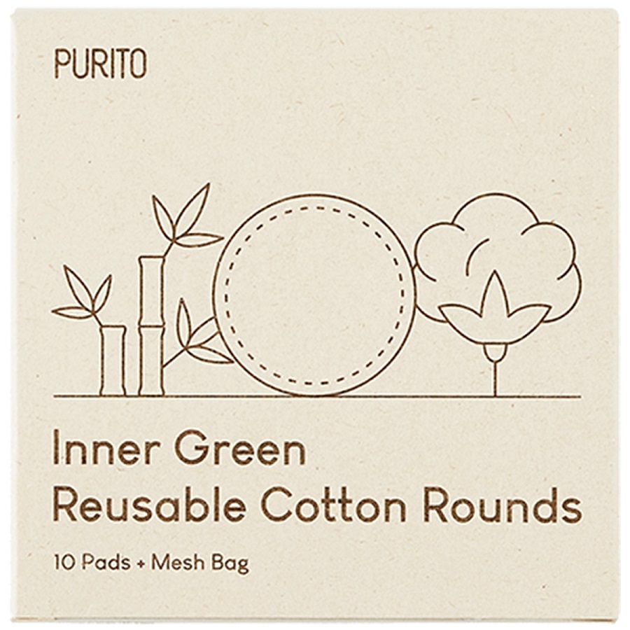 Dischete demachiante textile reutilizabire si saculet de depozitare Inner Green, 10 bucati, Purito
