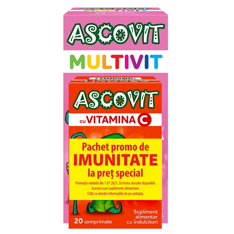 Pachet Ascovit Multivit cu aroma de zmeura , 60 comprimate + Ascovit cu Vitamina C aroma de capsuni, 20 comprimate,, Omega Pharma