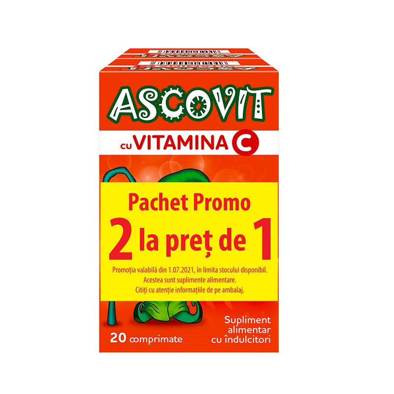 Pachet Ascovit cu Vitamina C aroma de capsuni, 20 comprimate, Omega Pharm ( 1 + 1 )
