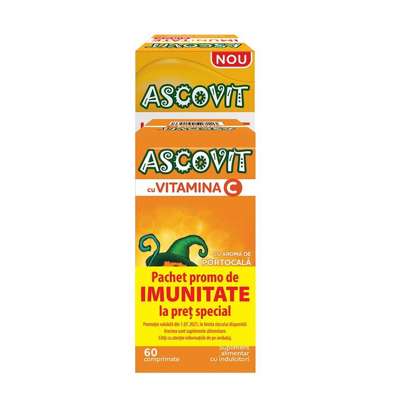 Pachet Sirop pentru imunitate Ascovit, 150 ml + Ascovit cu Vitamina C aroma de portocala, 60 comprimate,, Omega Pharm