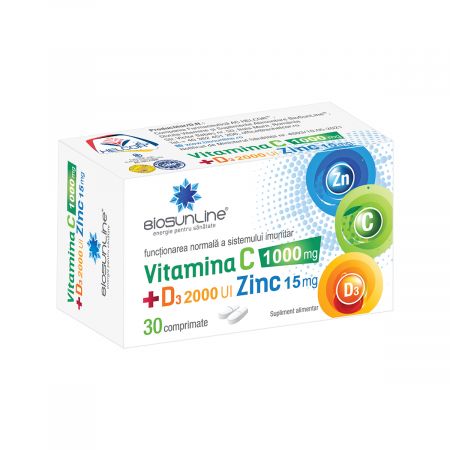 Vitamina C 1000 mg + D3 2000 UI + Zinc 15 mg, 30 comprimate - Helcor