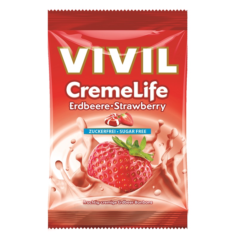 Bomboane fara zahar cu capsuni Creme Life, 60 g, Vivil
