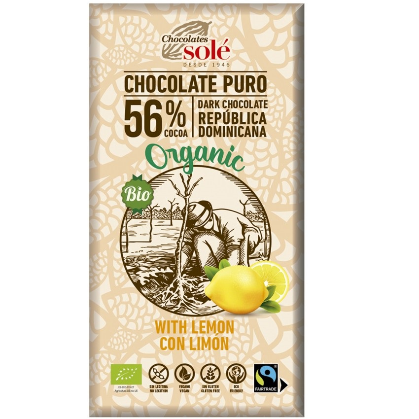 Ciocolata Bio cu lamaie si 56% cacao, 100 gr, Pronat