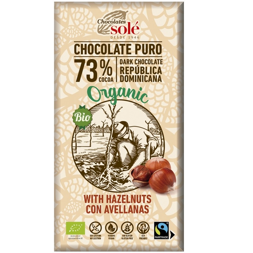 Ciocolata neagra Bio cu alune de padure 73% cacao, 100 gr, Pronat