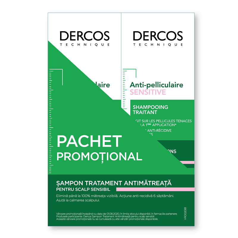 Pachet Sampon anti-matreata pentru scalp sensibil Dercos Sensitive, 200 ml + 200 ml, Vichy
