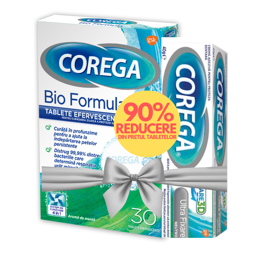 Pachet Tablete Bio Formula Corega, 30 tablete + Crema adeziva pentru proteza dentara Neutro Corega, 40 g, Gsk
