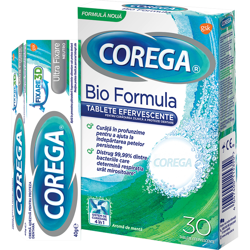 Pachet Tablete Bio Formula Corega, 30 tablete + Crema adeziva pentru proteza dentara Neutro Corega, 40 g, Gsk