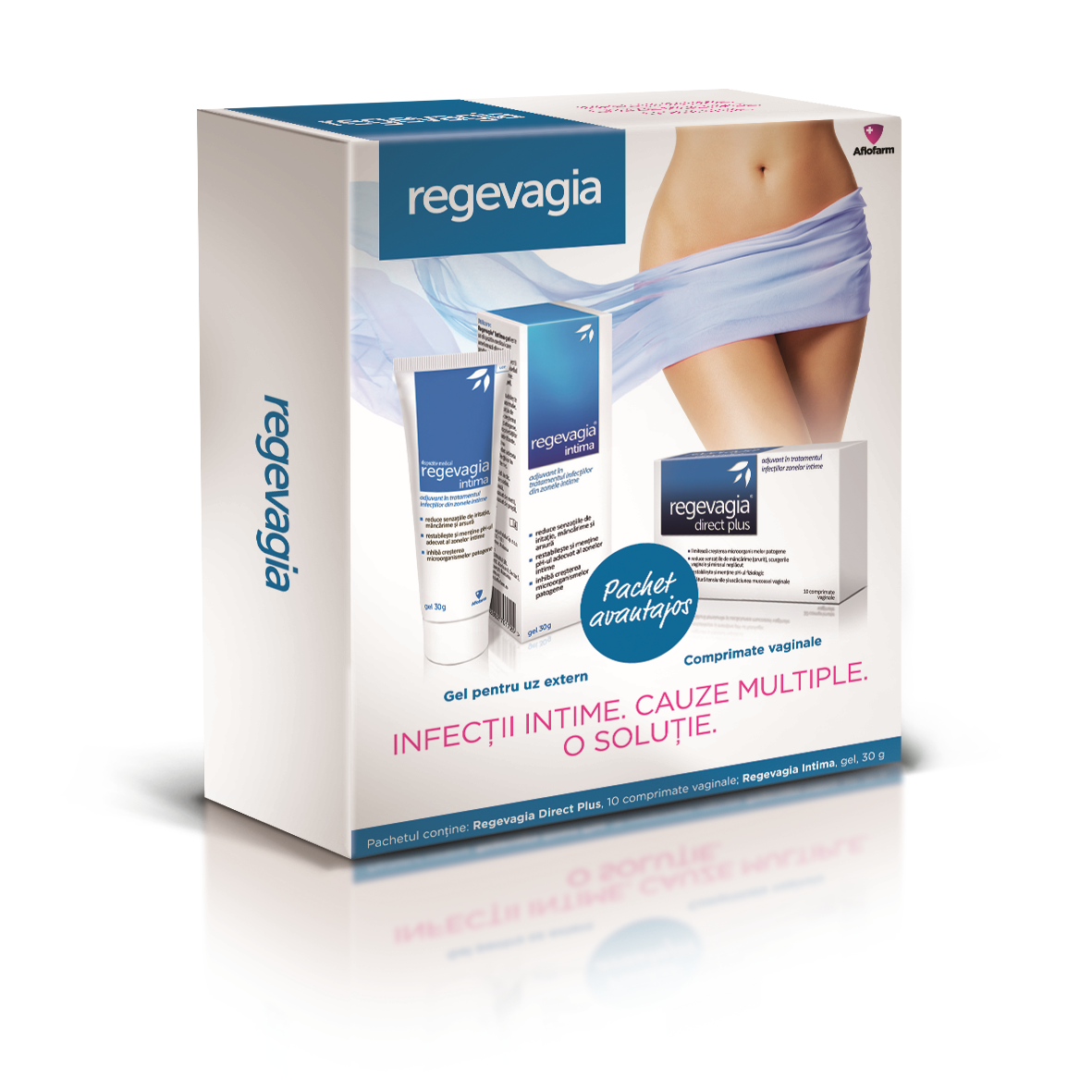 Pachet Regevagia Direct Plus, 10 tablete vaginale + Regevagia gel intim, 30g, Aflofarm