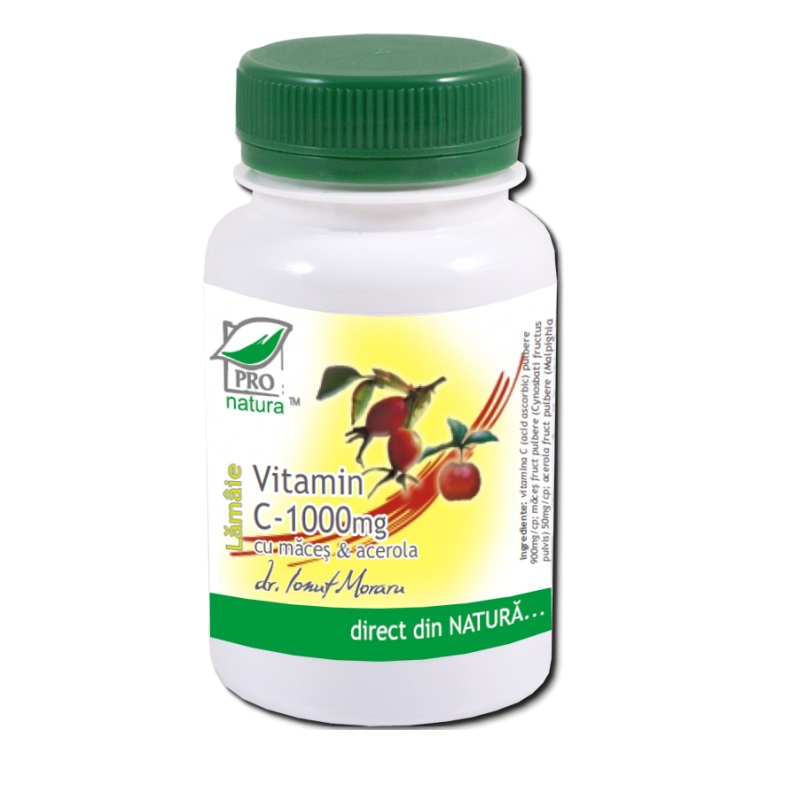 Vitamina C 1000 mg Lamaie cu macese si acerola, 100 comprimate, Pro Natura