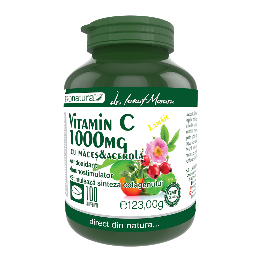 Vitamina C 1000 mg Lamaie cu macese si acerola, 100 comprimate, Pro Natura