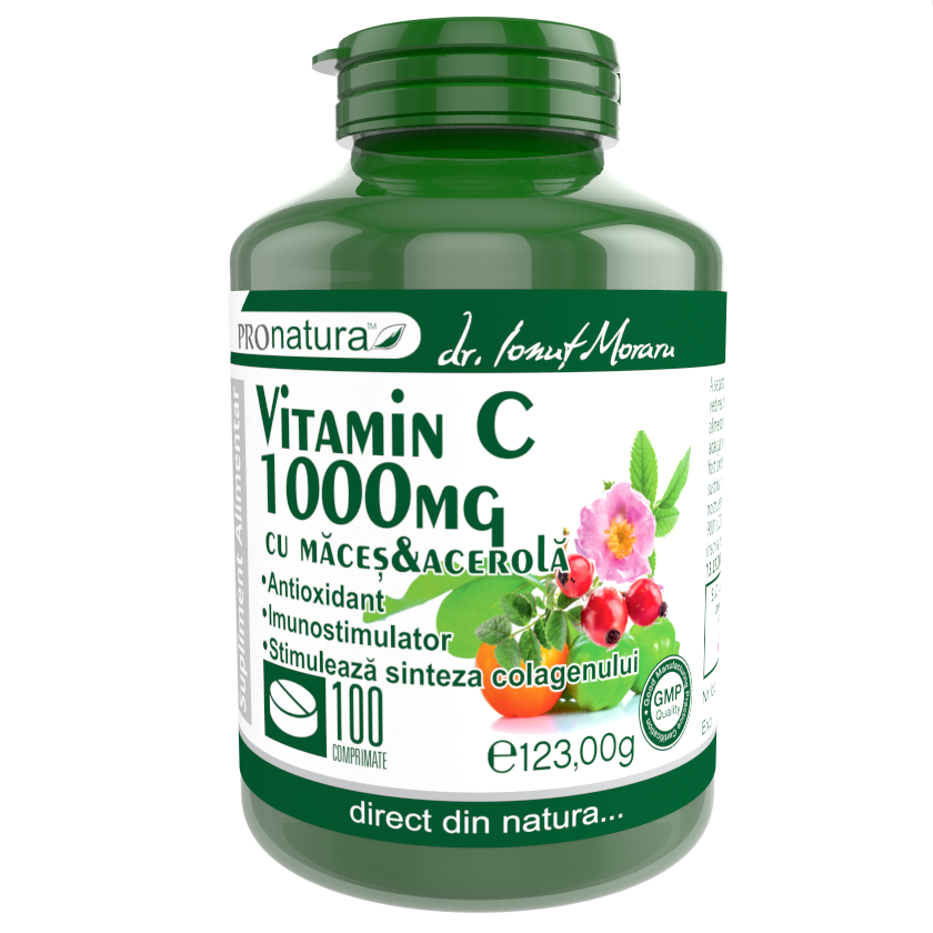Vitamina C 1000 mg Portocala cu macese si acerola, 100 comprimate, Pro Natura