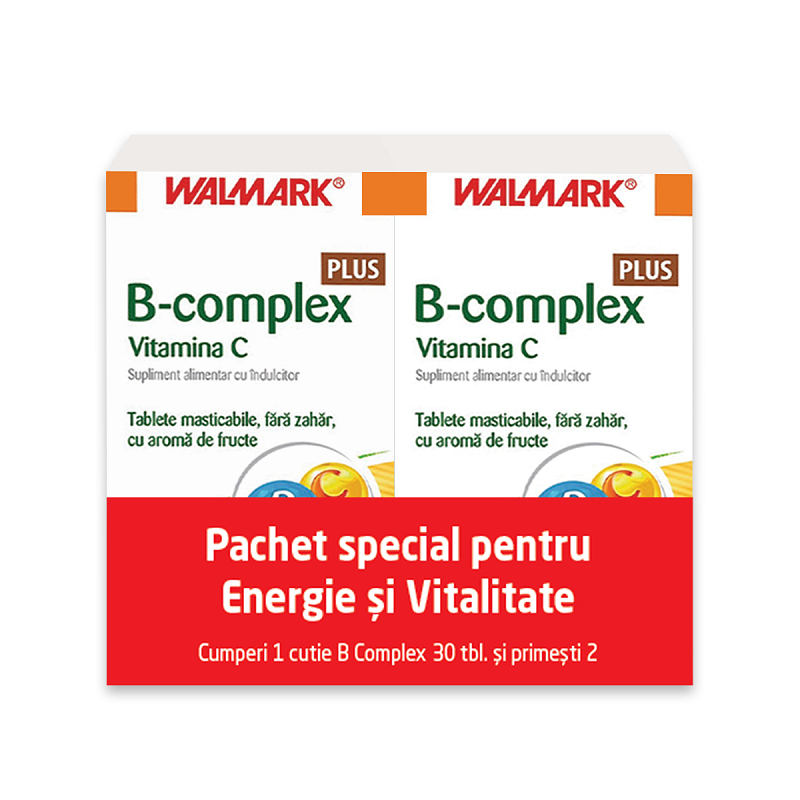 Pachet B complex Plus Vitamina C, aromă de fructe, 30 capsule + 30 capsule, Walmark