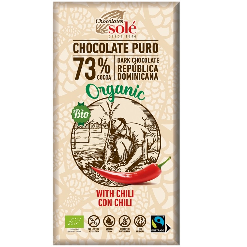 Ciocolata neagra Bio cu chili 73% cacao, 100 gr, Pronat