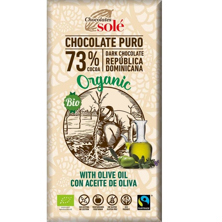 Ciocolata neagra Bio cu ulei extravirgin 73% cacao, 100 gr, Pronat