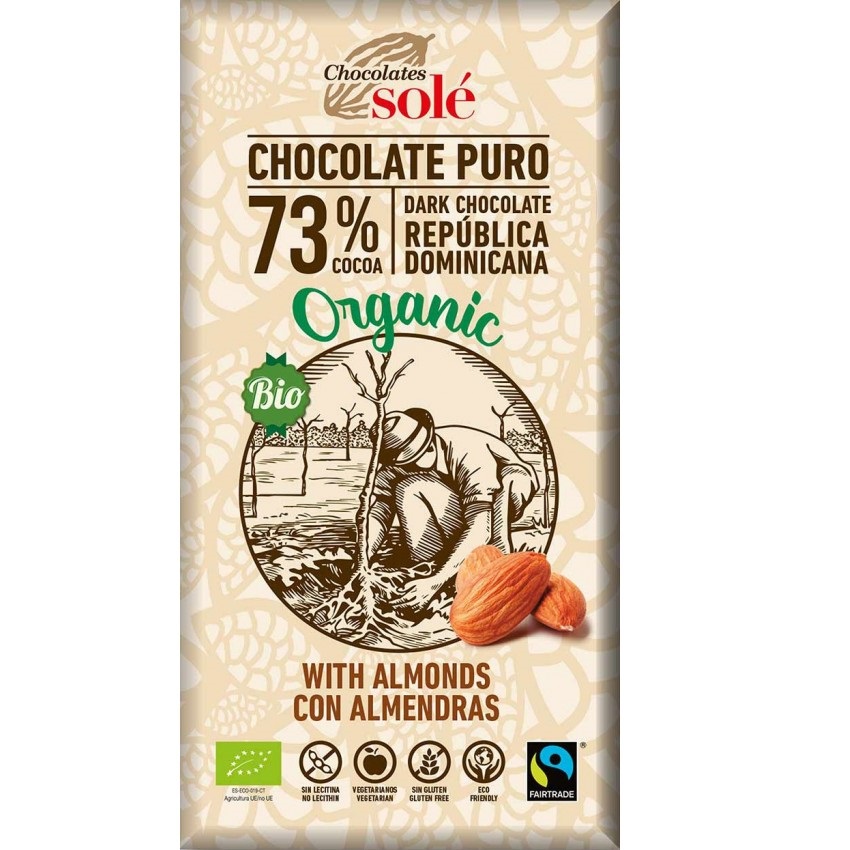 Ciocolata neagra Bio cu migdale 73% cacao, 100 gr, Pronat