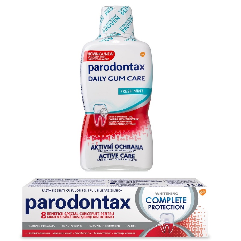 Pachet Pasta de dinti Complete Protection Whitening Parodontax, 75 ml + Apa de gura fara alcool Daily Gum Care Fresh Mint Parodontax, 500 ml, Gsk