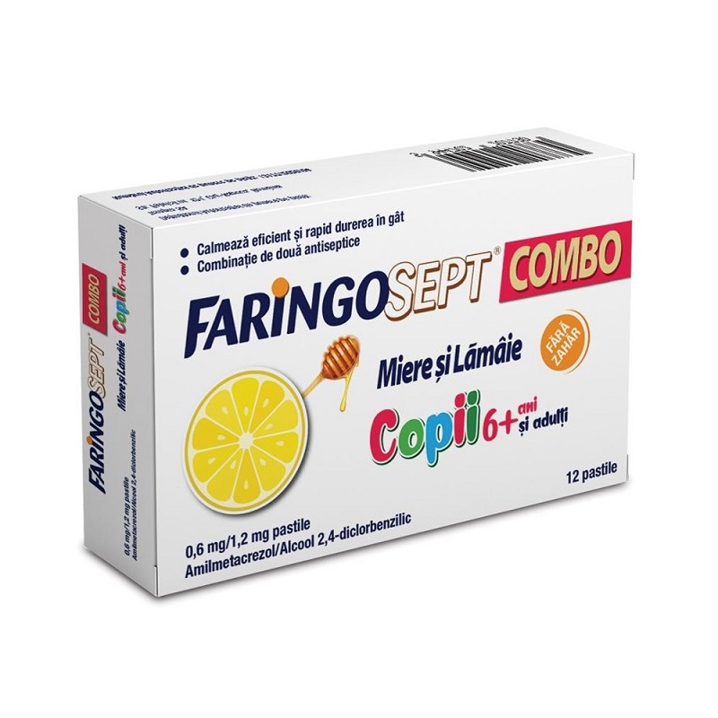 Faringosept Combo Miere si Lamaie, copii 6+ si adulti, 0,6 mg/1,2 mg, 12 pastile, Terapia