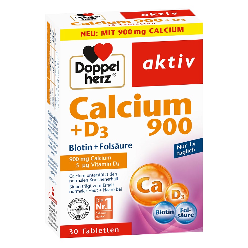 Calciu900 + D3 + Biotina + Acid folic Aktiv, 30 comprimate, Doppelherz