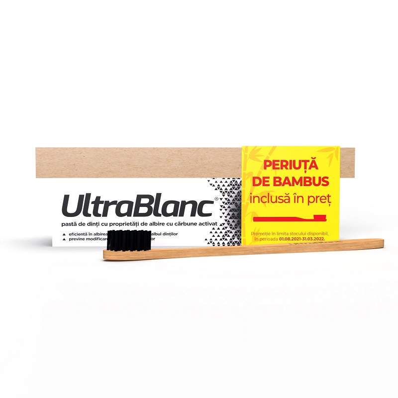 Pasta de dinti cu carbune activat Ultrablanc, 75ml + Periuta de bambus, Aflofarm