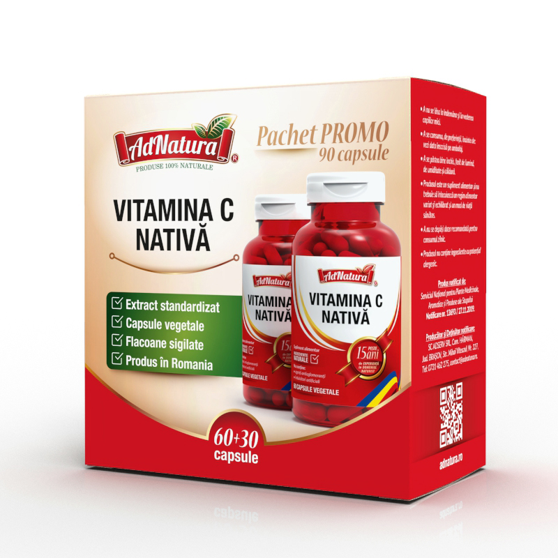 Pachet Vitamina C nativa, 60 + 30 capsule, AdNatura