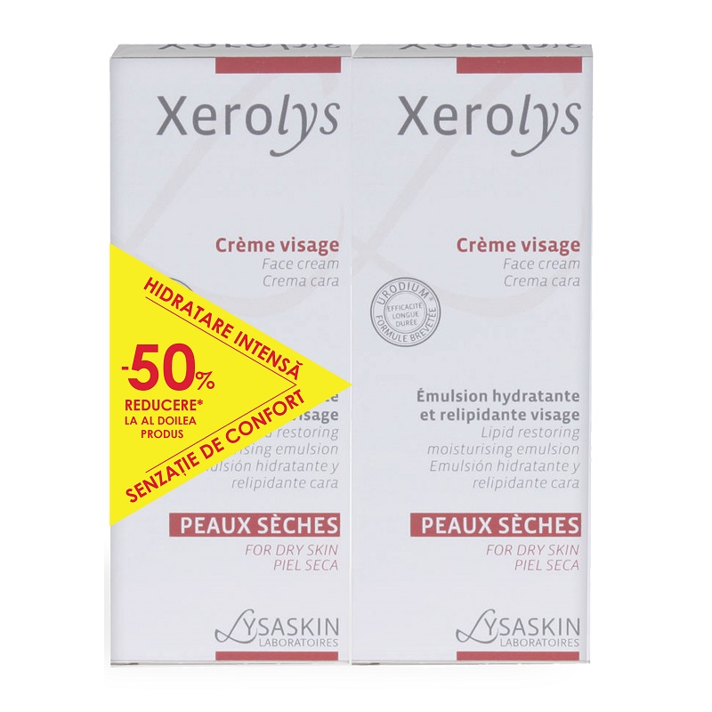 Pachet Emulsie hidratanta si relipidifianta pentru fata Xerolys, 50 ml + 50 ml, Lab Lysaskin 